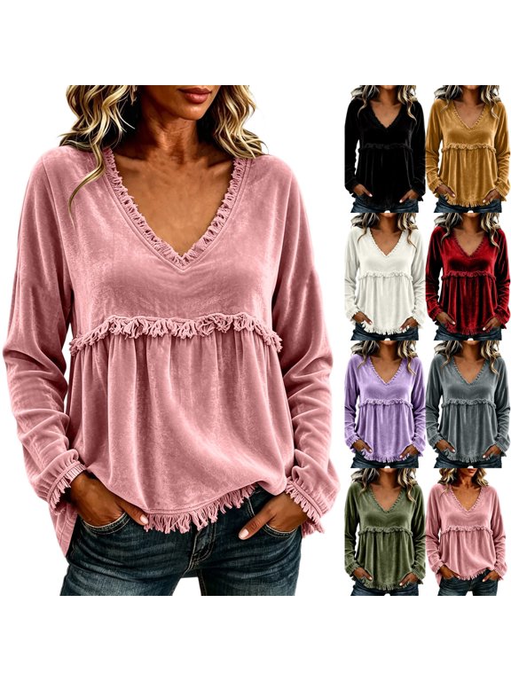 Women's Long Sleeve V Neck Tops Velvet Tunic Top Fringe Trim Flowy Boho Casual Loose Fit Fall Winter Dressy Tops