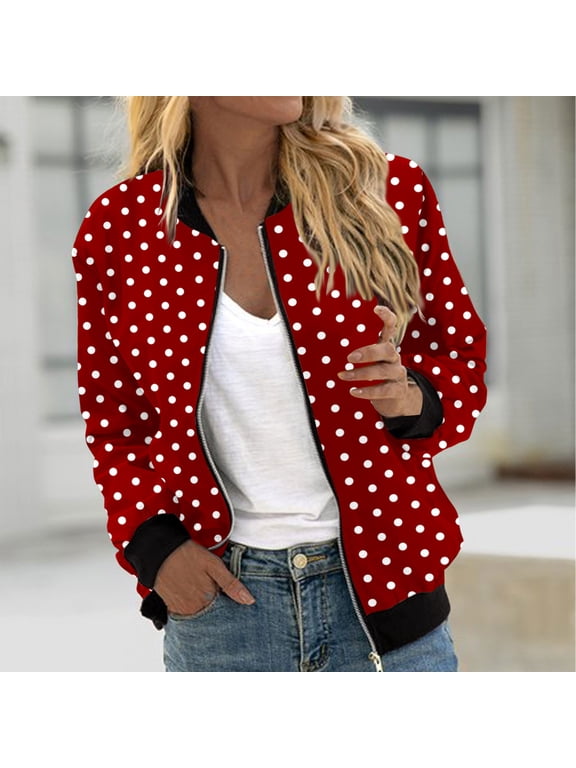 Women's Varsity Bomber Jacket Zip Up Letterman Jacket Polka Dots Casual Fashion Outfits Fall Jacket with Pockets