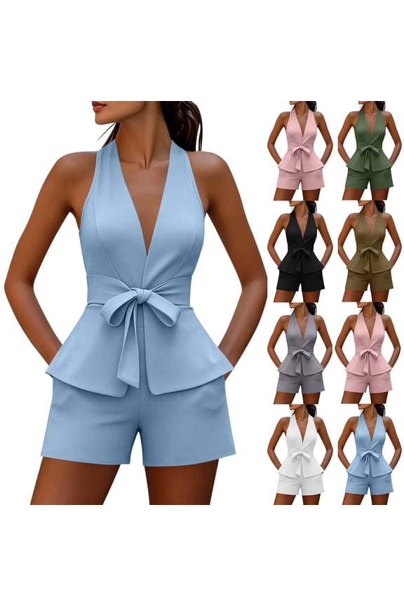 Womens 2 Piece Outfits Sleeveless Deep V Neck Peplum Top and Shorts Set Tied Waist Business Casual Work Suits Summer Office Outfits