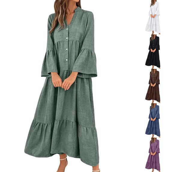 akafmk Womens Flowy Dresses Long Bell Sleeve Maxi Dress Tiered A-Line Loose Solid Color Fall Casual Vacation Dress, Size S