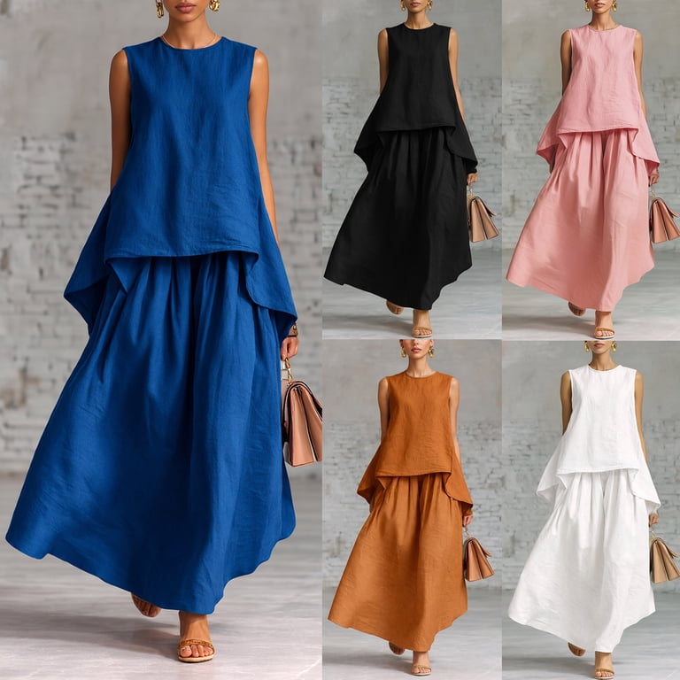 stores selling matching sets and flowy dresses for holidays akafmk Womens Linen 2 Piece Loose Long Tank Top Maxi Skirt Set Vacation Travel Sets Summer Outfits discount:50%