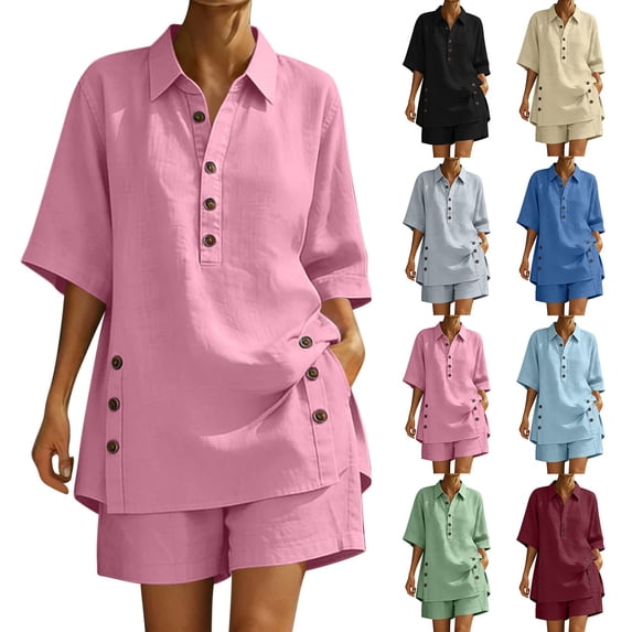 akafmk Womens Linen 2 Piece Sets Summer Button Down Collared Short Sleeve Shirts Shorts Set with Pockets Matching Set Fashions Vacation Outfits