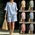 thumbnail image 1 of akafmk Womens Striped 2 Piece Sets Oversized V Neck Short Sleeve Shirt and Shorts Set Summer Casual Travel Vacation Outfits, 1 of 7