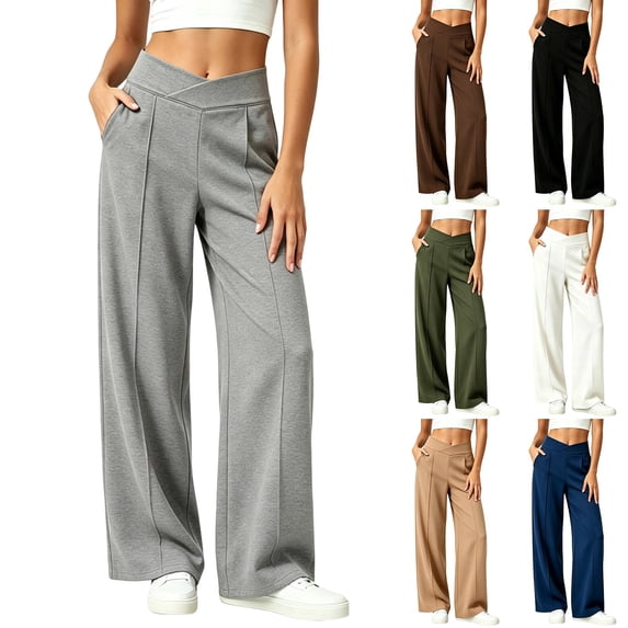 akafmk Womens Wide Leg Sweatpants Front Pleated Elastic Waist Sweatpants with Hidden Pockets Fall Winter Casual Workout Sweatpants, Size L