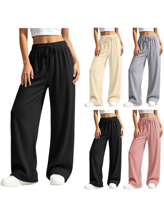 Womens Wide Leg Sweatpants Ribbed Knit Drawstring Pants Lightweight Elastic Waist Summer Fashion Casual Pants, Size XS