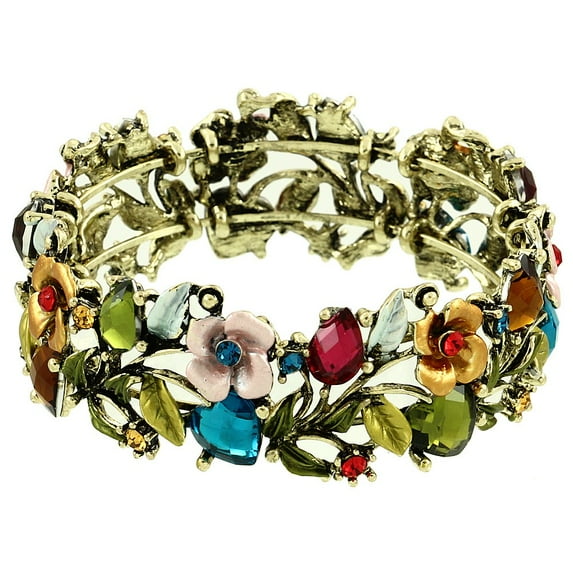 Falari Vintage Flower Bracelet Bangle Crystal Beads Hand-Painted Antique Gold - Multi