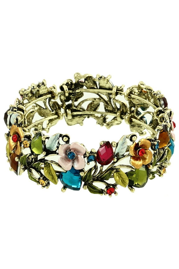 Vintage Flower Bracelet Bangle Crystal Beads Hand-Painted Antique Gold - Multi