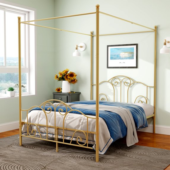 alazyhome Full Size Canopy Metal Bed Frame, Metal Slat Support, Gold
