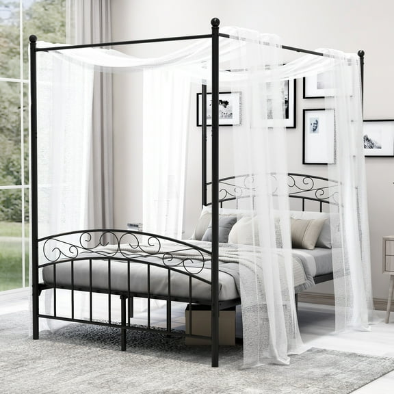 alazyhome Full ​Size Metal Canopy Bed Frame, Modern Design, Black