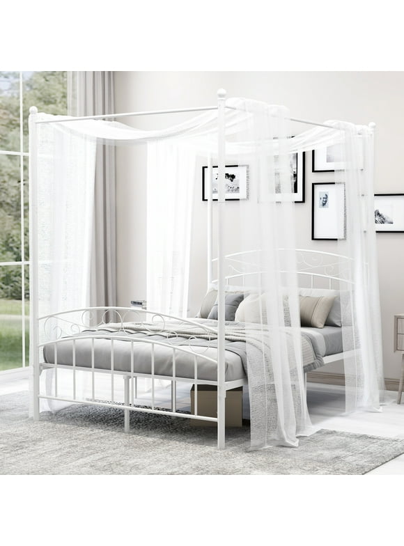 alazyhome Full ​Size Metal Canopy Bed Frame, Modern Design, White