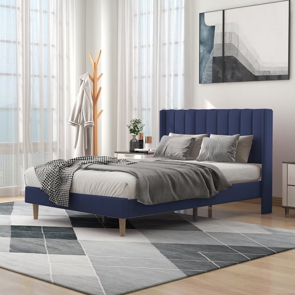 alazyhome Full Size Upholstered Platform Bed Frame, Easy Assemble, Blue Velvet