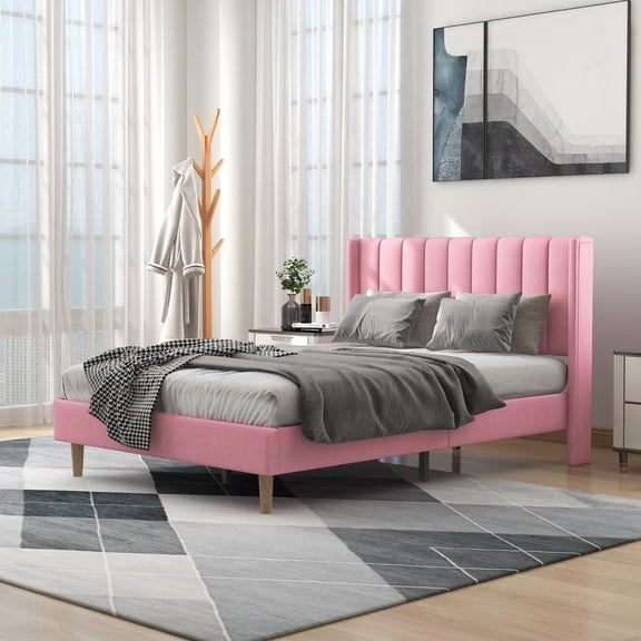 alazyhome Full Size Upholstered Platform Bed Frame, Easy Assemble, Pink