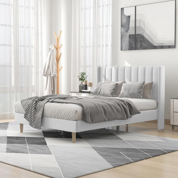 alazyhome Full Size Upholstered Platform Bed Frame, Easy Assemble, White
