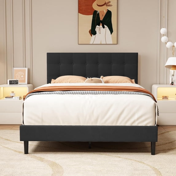 alazyhome Full Size Upholstered Platform Bed Frame with Button Tufted Linen Headboard, Black