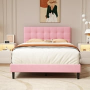 alazyhome Full Size Upholstered Platform Bed Frame with Button Tufted Velvet Headboard, Pink
