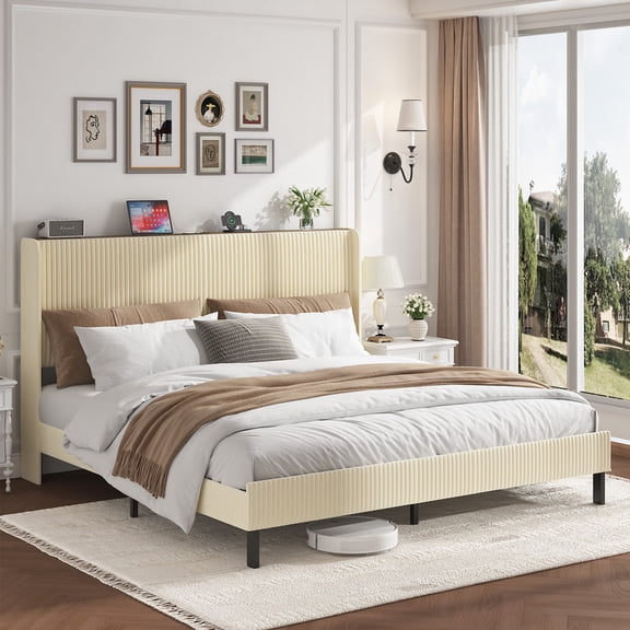 alazyhome King Size Metal Bed Frame with Charging Station, No Box Spring Needed, Beige