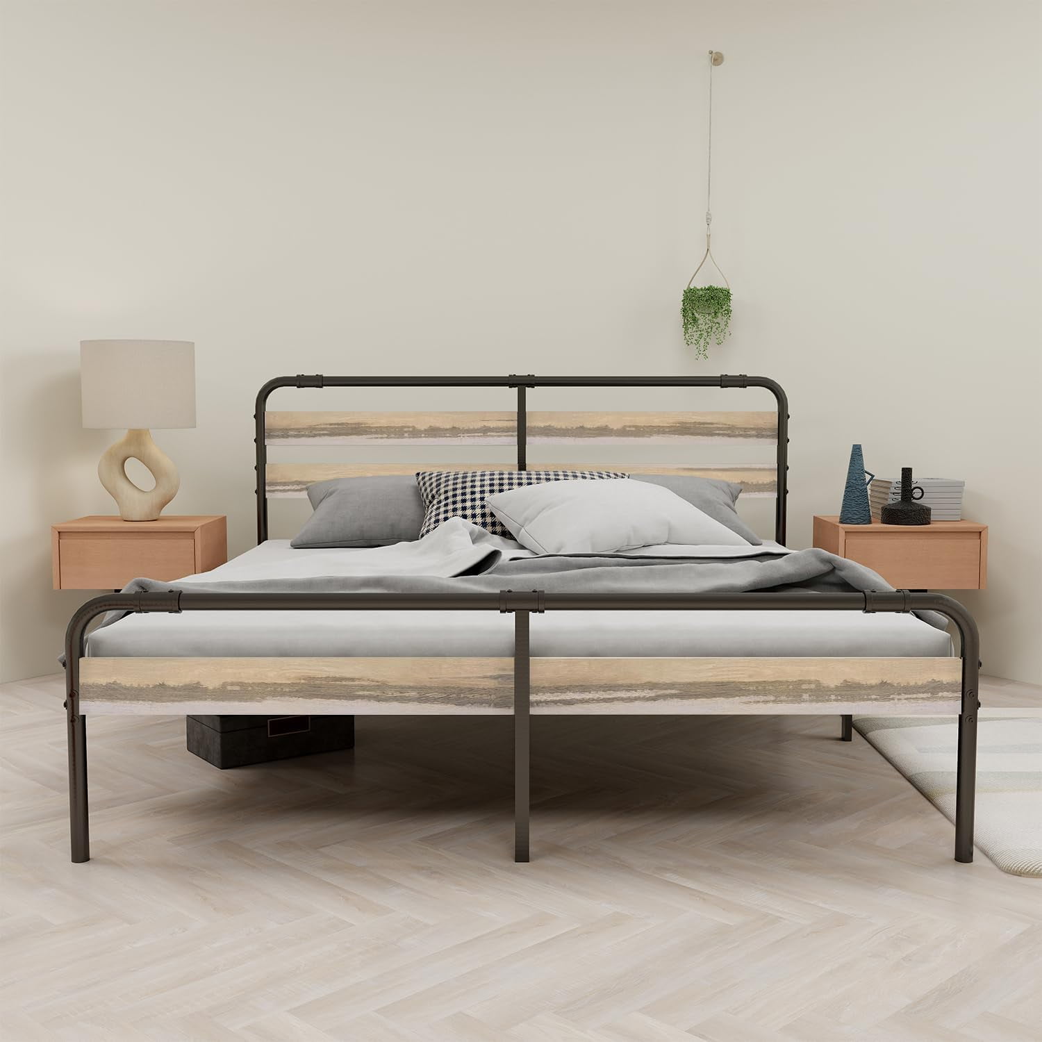 alazyhome King Size Metal Platform Bed Frame with Wooden Headboard ...