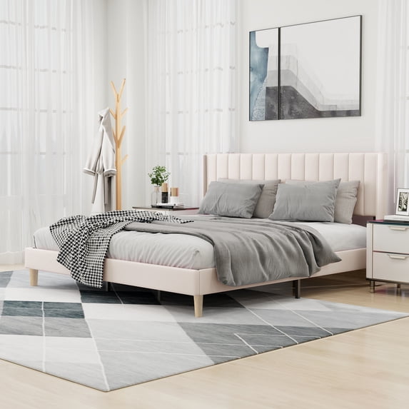 alazyhome King Size Upholstered Platform Bed Frame, Easy Assemble, Beige