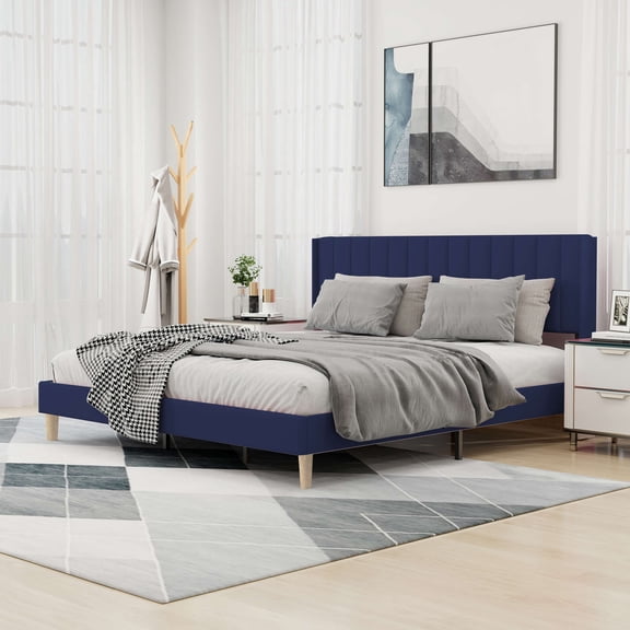 alazyhome King Size Upholstered Platform Bed Frame, Easy Assemble, Blue Velvet