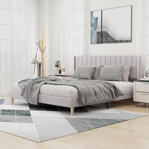 alazyhome King Size Upholstered Platform Bed Frame, Easy Assemble, Light Grey