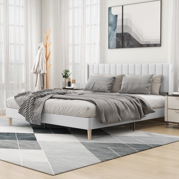 alazyhome King Size Upholstered Platform Bed Frame, Easy Assemble, White