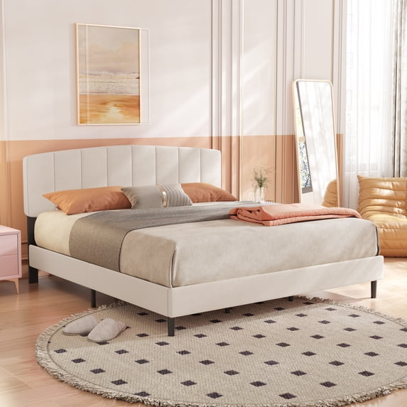 alazyhome King Size Upholstered Platform Bed Frame with Bedside Cupboard, Beige