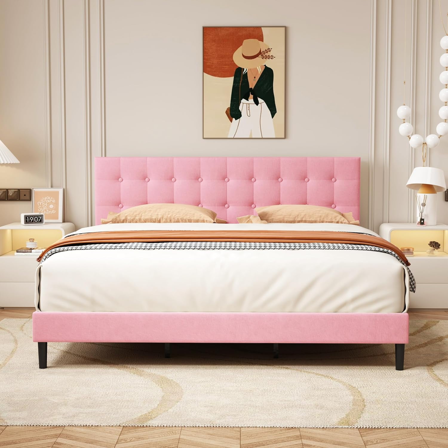 alazyhome King Size Upholstered Platform Bed Frame with Button Tufted