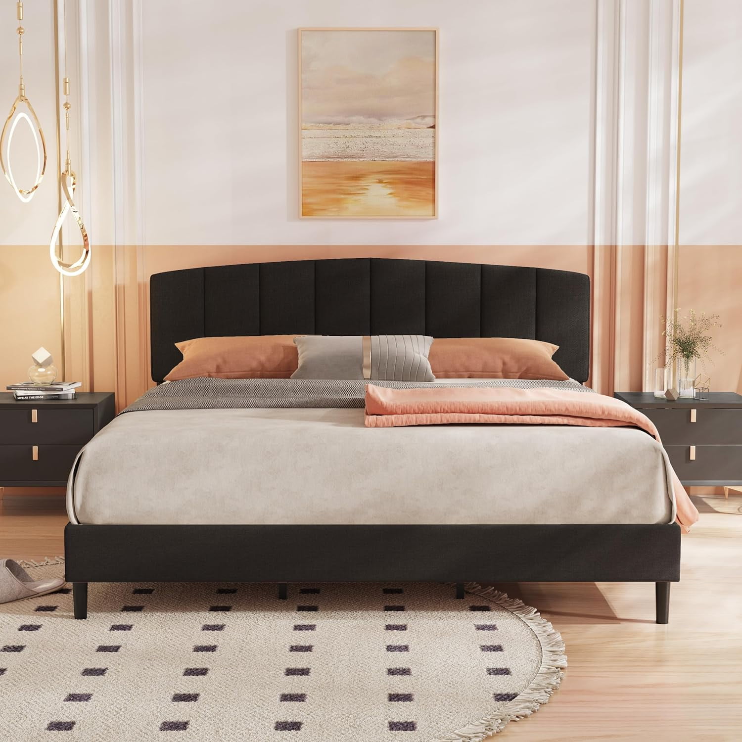 Alazyhome King Size Upholstered Bed Frame with Linen Headboard, Black ...