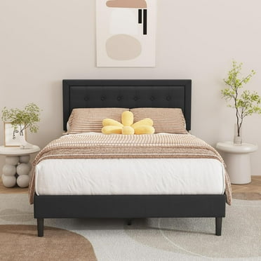 alazyhome Linen Upholstered Platform Bed Frame Full Size with Button Tufting Headboard , Easy Assembly, Black