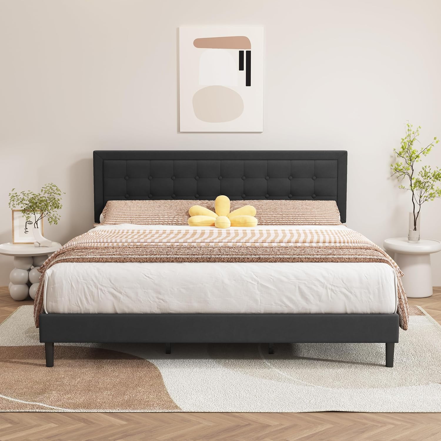 alazyhome Linen Upholstered Platform Bed Frame King Size with Button Tufting Headboard , Easy