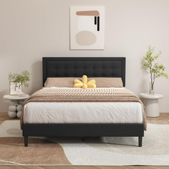 alazyhome Linen Upholstered Platform Bed Frame Queen Size with Button Tufting Headboard , Easy Assembly, Black