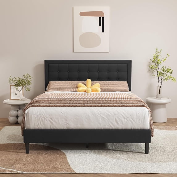 alazyhome Linen Upholstered Platform Bed Frame Queen Size with Button Tufting Headboard , Easy Assembly, Black