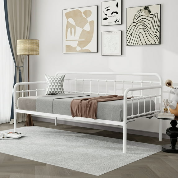 alazyhome Metal Twin Daybed Frame, Sofa Bed for Living Guest Room, White