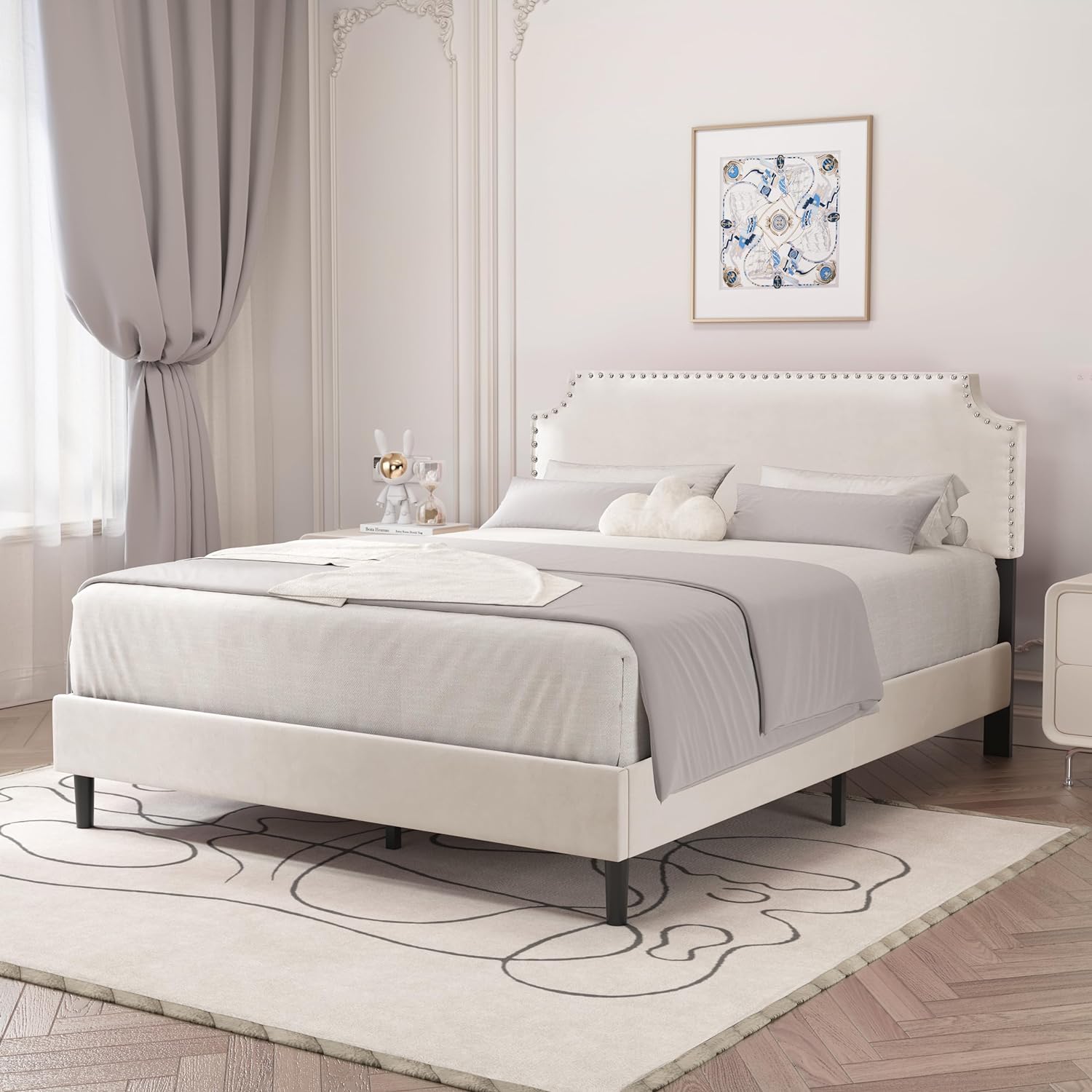 Tamarac Upholstered Nailhead Queen Bed Beige