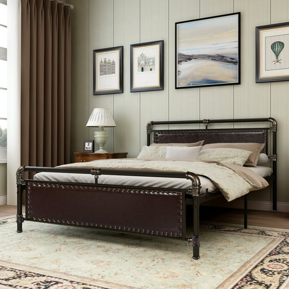 alazyhome Queen Platform Metal Bed Frame with Faux Leather Headboard, Brown