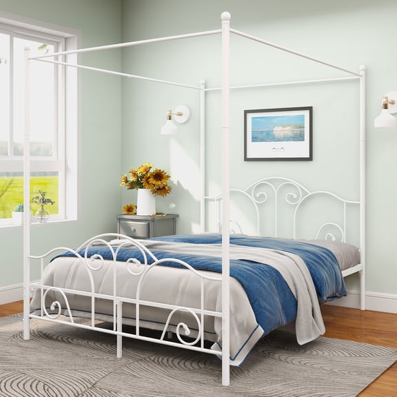 alazyhome Queen Size Canopy Metal Bed Frame, Metal Slat Support, White