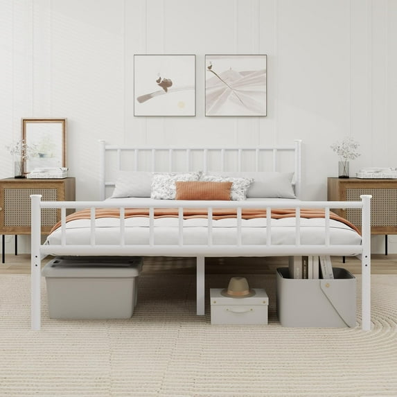 alazyhome Queen Size Classic Metal Platform Bed Frame-Mattress Foundation Steel Slat Support, White