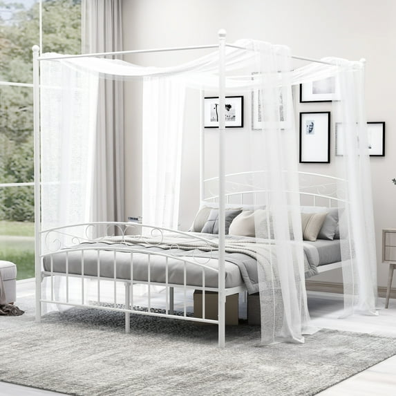 alazyhome Queen Size Metal Canopy Bed Frame, Modern Design, White