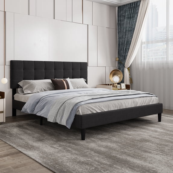 alazyhome Queen Size Square Tufted Upholstered Bed Frame, Easy Assembly, Black