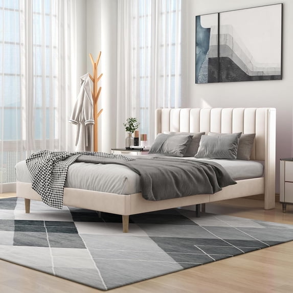 alazyhome Queen Size Upholstered Platform Bed Frame, Easy Assemble, Beige