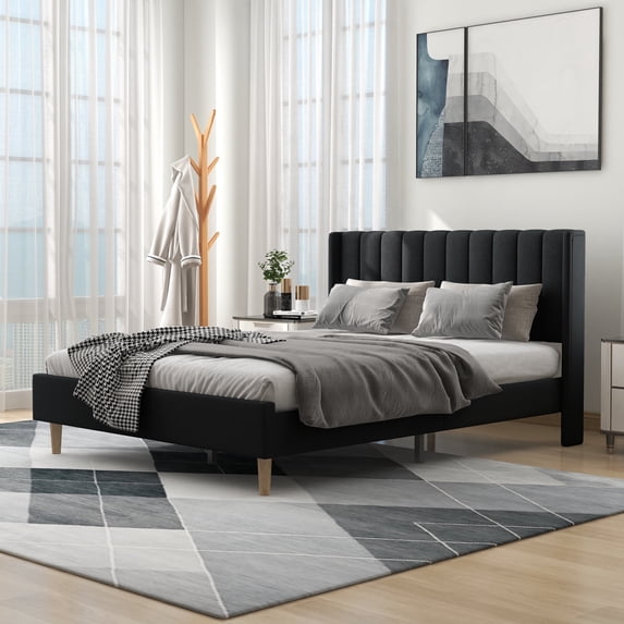 alazyhome Queen Size Upholstered Platform Bed Frame, Easy Assemble, Black