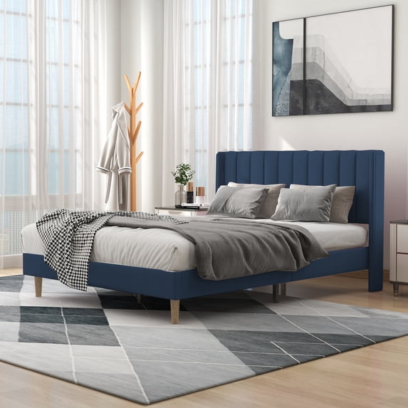 alazyhome Queen Size Upholstered Platform Bed Frame, Easy Assemble, Blue Velvet