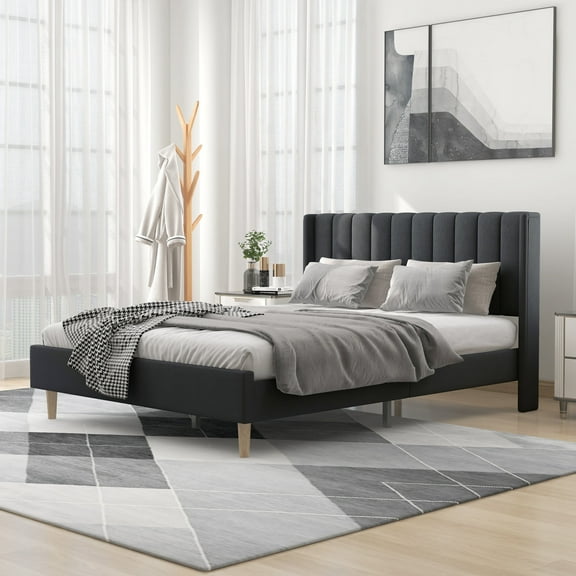 alazyhome Queen Size Upholstered Platform Bed Frame, Easy Assemble, Dark Grey