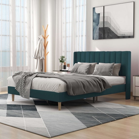 alazyhome Queen Size Upholstered Platform Bed Frame, Easy Assemble, Green Velvet
