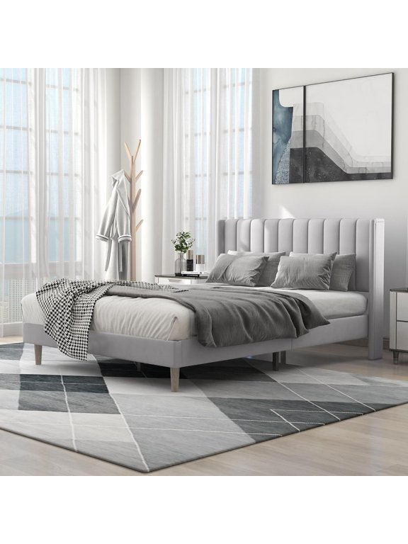Queen Size Upholstered Platform Bed Frame, Easy Assemble, Light Grey