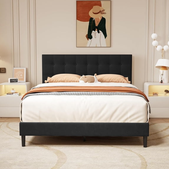 alazyhome Queen Size Upholstered Platform Bed Frame with Button Tufted Linen Headboard, Black