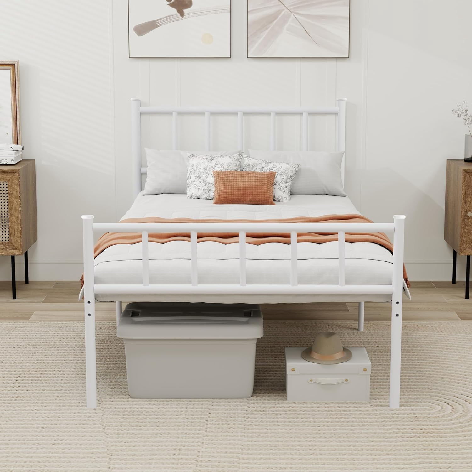 alazyhome Twin Size Classic Metal Platform Bed Frame-Mattress Foundation Steel Slat Support, White