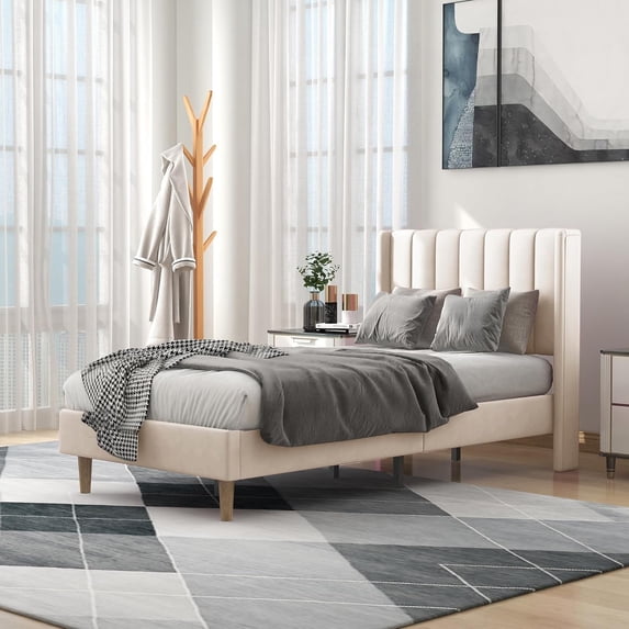 alazyhome Twin Size Upholstered Platform Bed Frame, Easy Assemble, Beige
