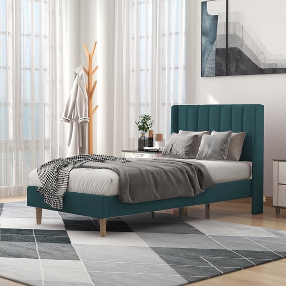 alazyhome Twin Size Upholstered Platform Bed Frame, Easy Assemble, Green Velvet