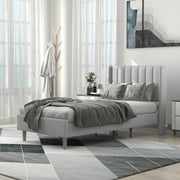 alazyhome Twin Size Upholstered Platform Bed Frame, Easy Assemble, Light Grey